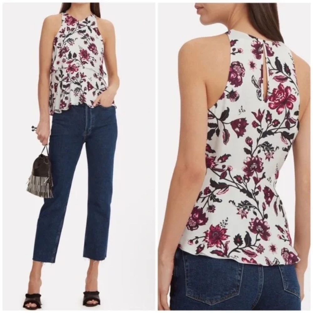 A.L.C Duran White Floral Silk Tiered Tank Top